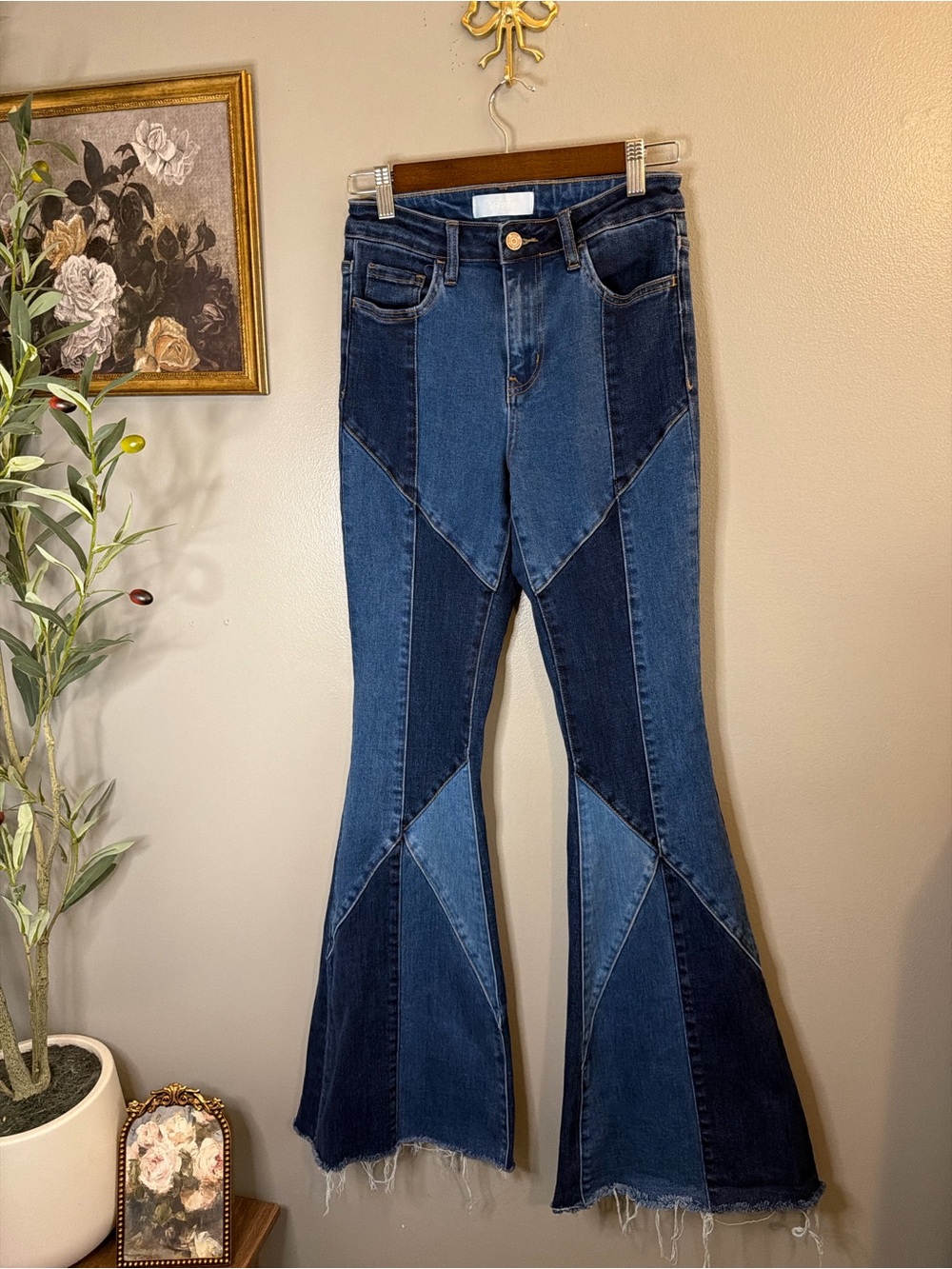 Women's Patchwork Flare Jeans in Dark Blue - Picture 2 of 8